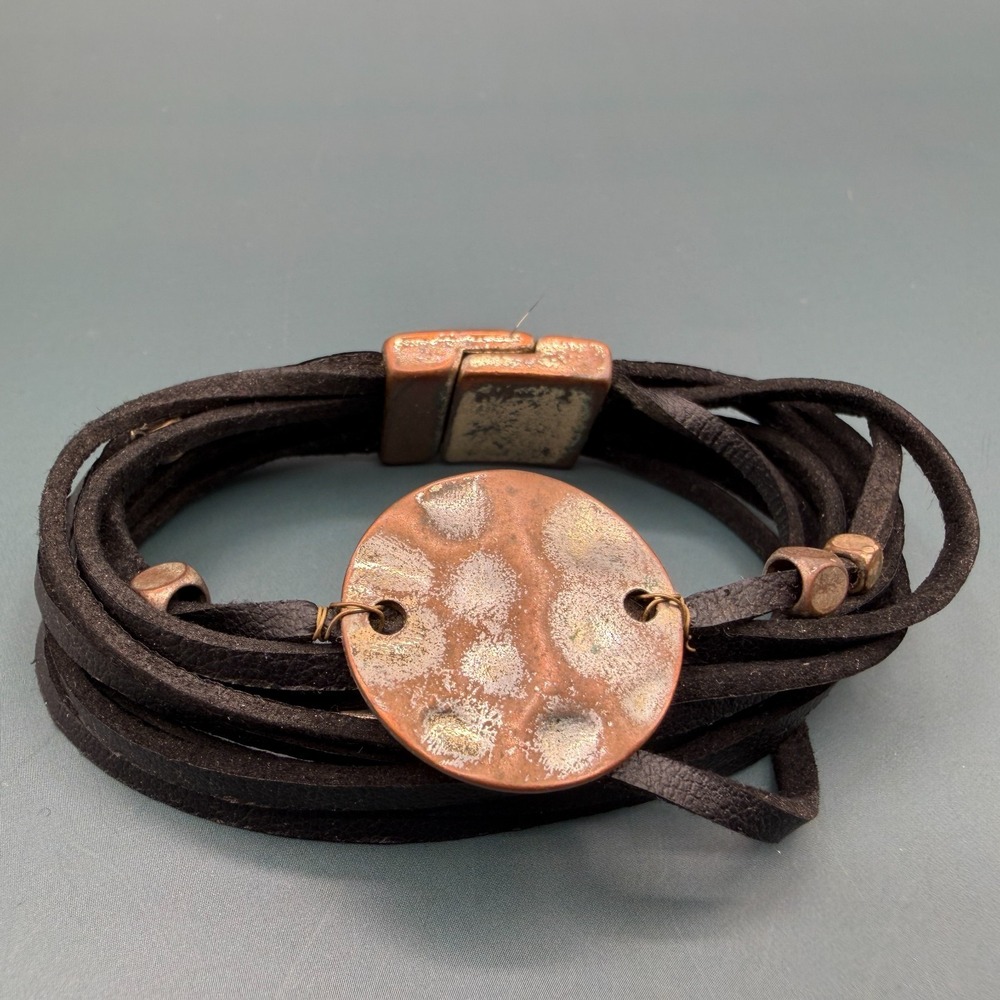 Black Leather Multi Strand Bracelet Hammered Copper Tone Disc Magnetic Clasp